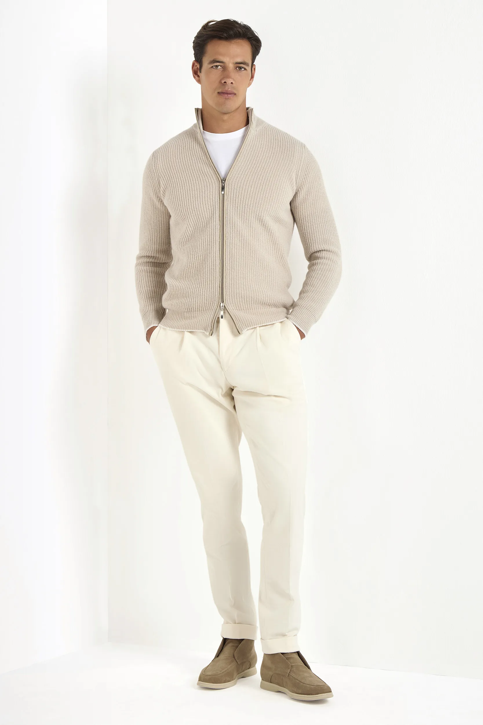 Beige ribbed cashmere blend full zip – Made in Italy