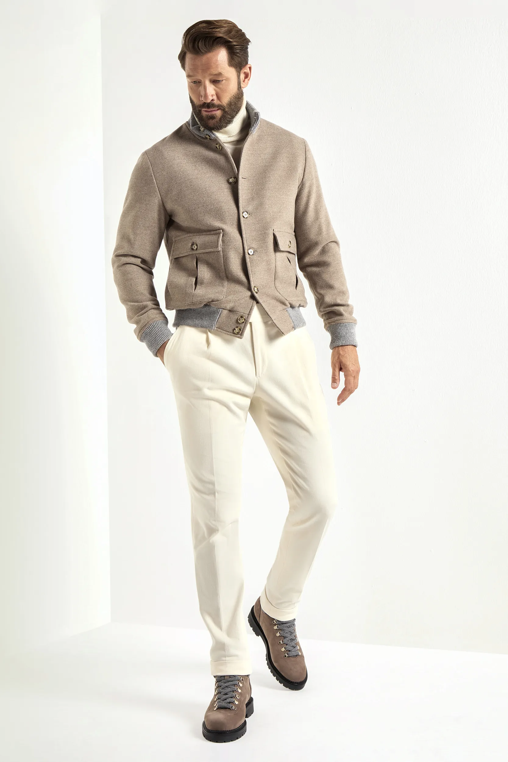 Beige Super 180's wool flannel bomber jacket – Made in Italy