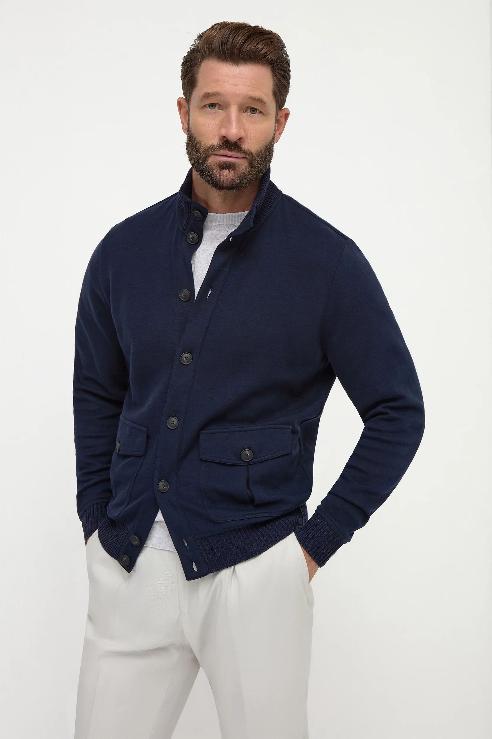 Blue cotton knitted bomber – Made in Italy - Image 3