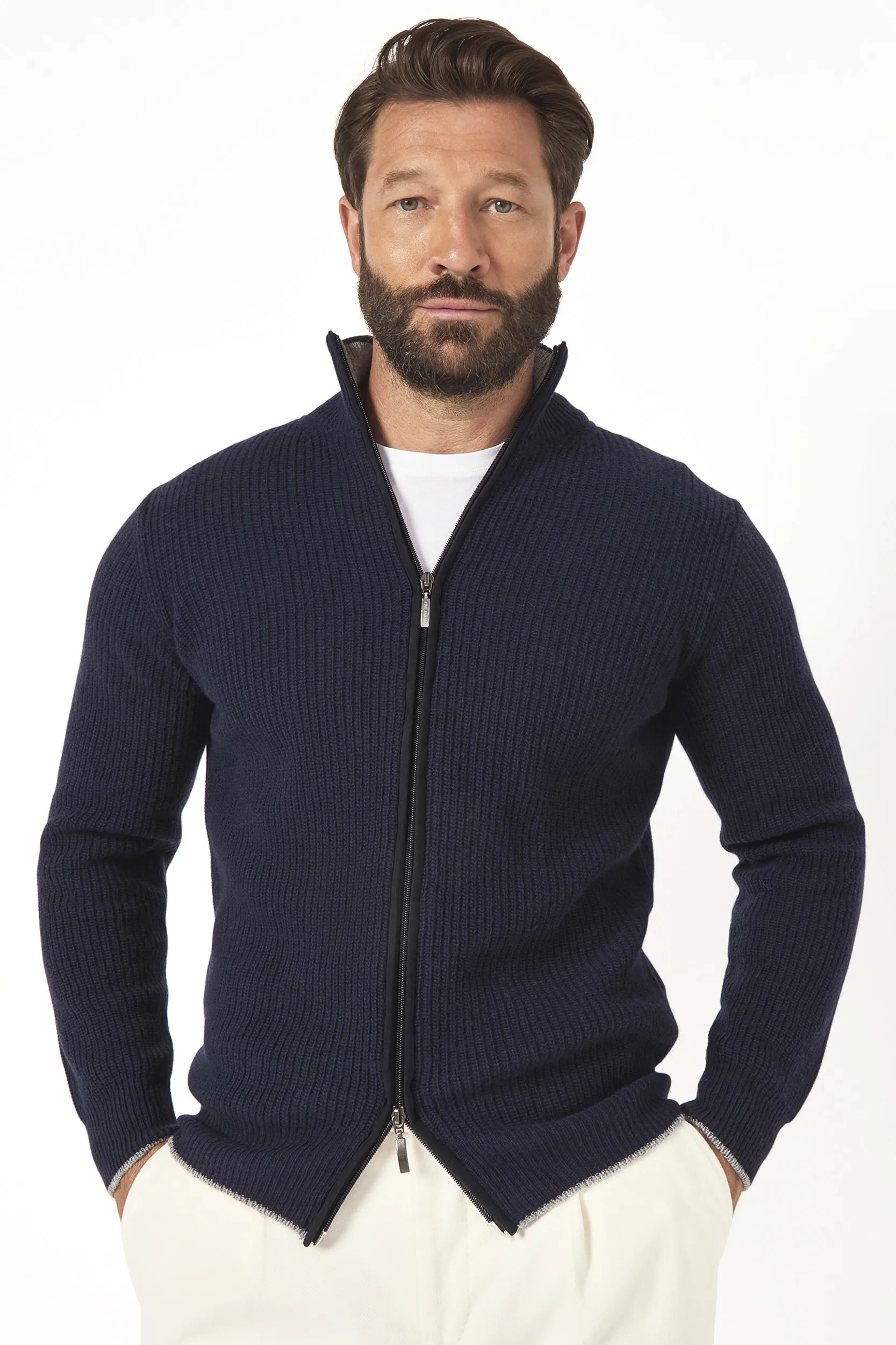 Blue ribbed cashmere blend full zip – Made in Italy