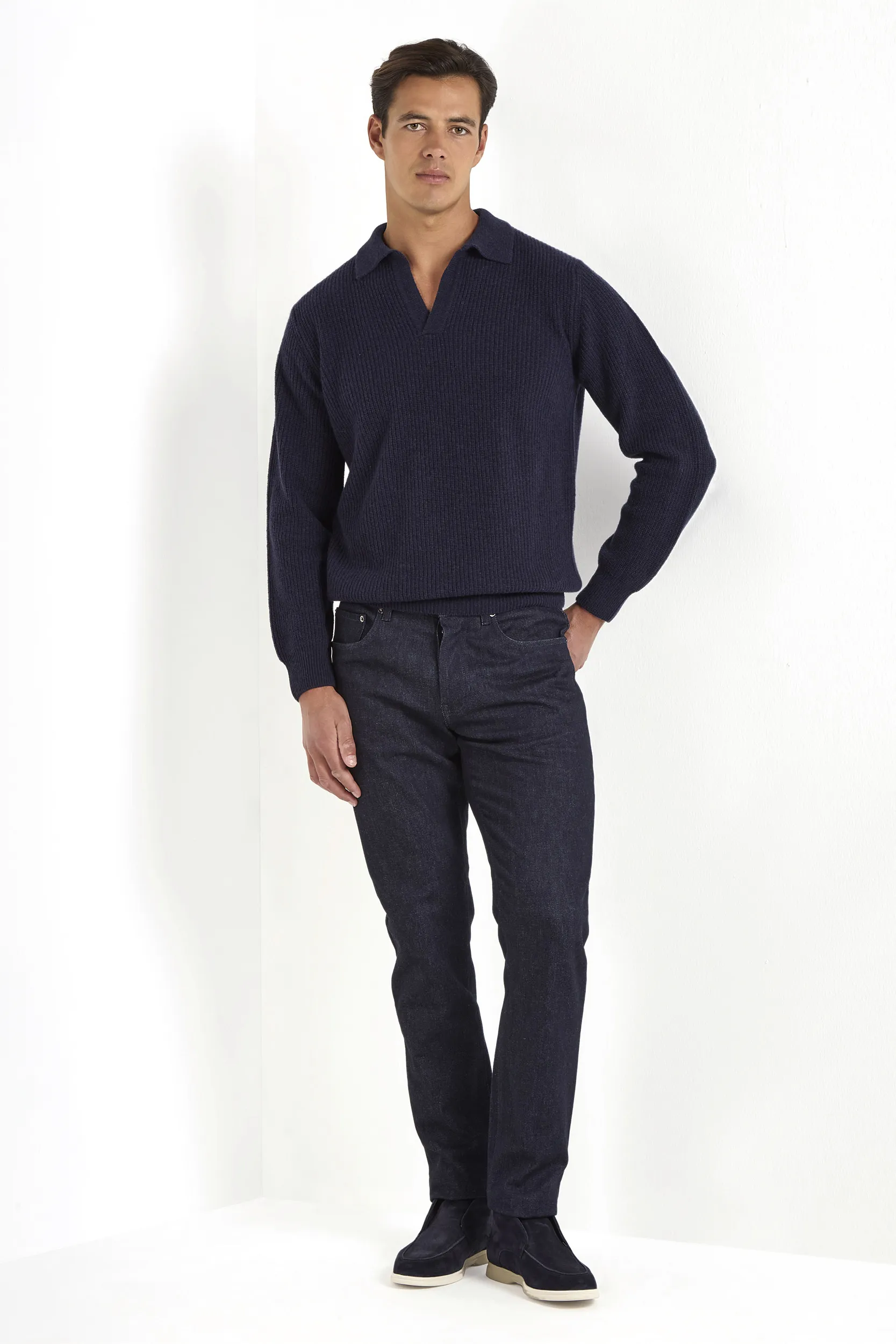 Blue ribbed cashmere blend polo – Made in Italy - Image 3