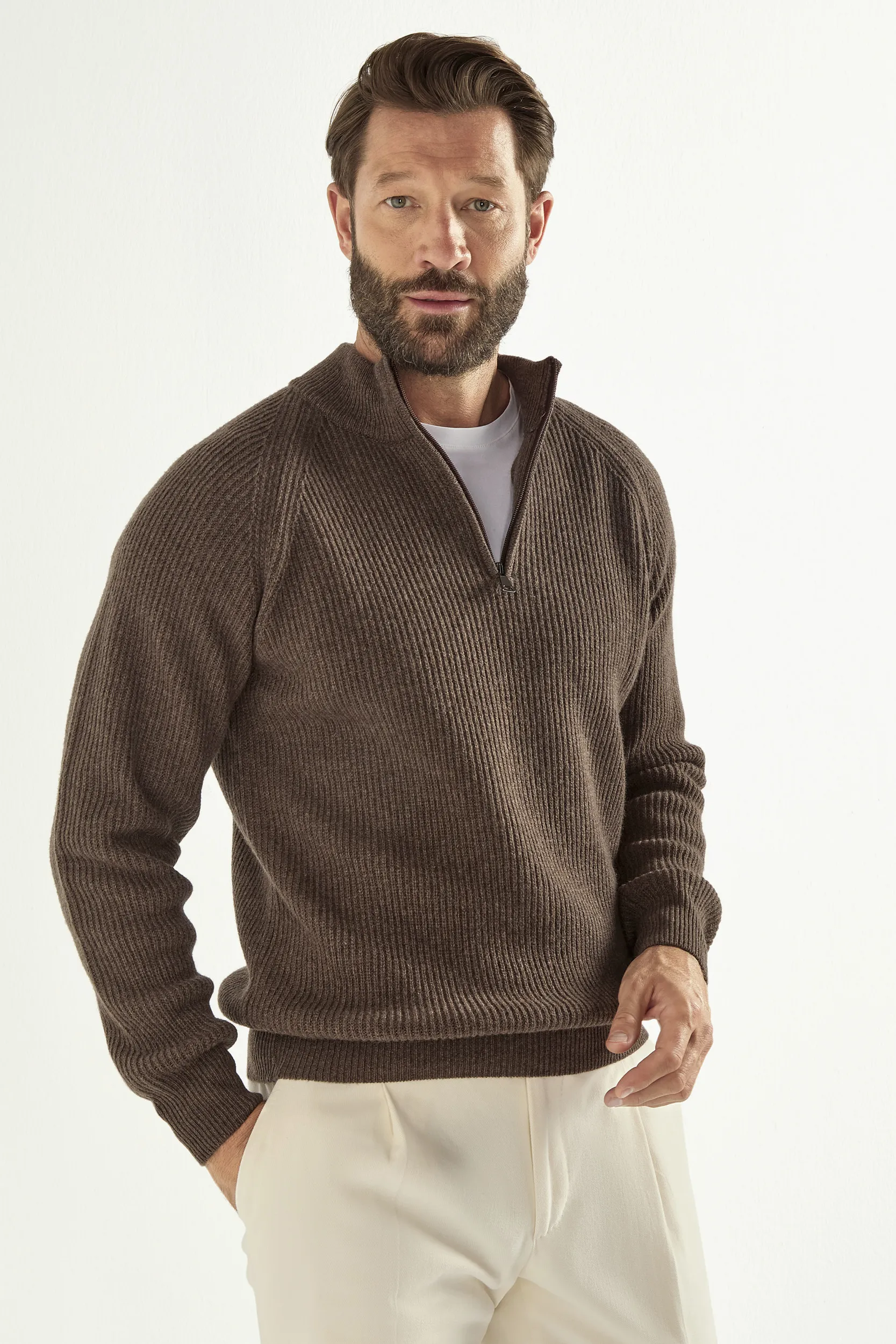 Brown cashmere blend ribbed half zip - Made in Italy