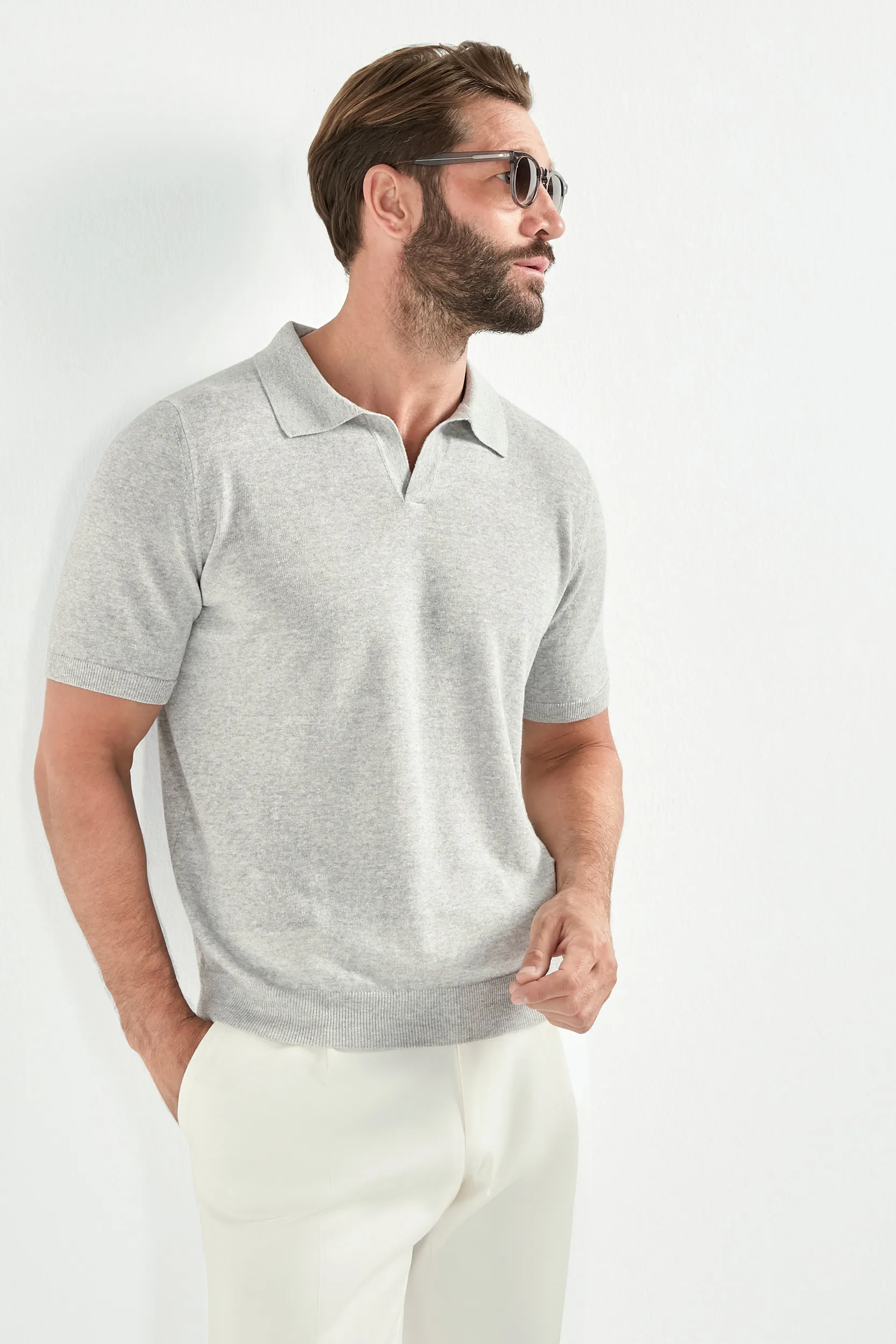 Light grey cotton and linen polo - Made in Italy