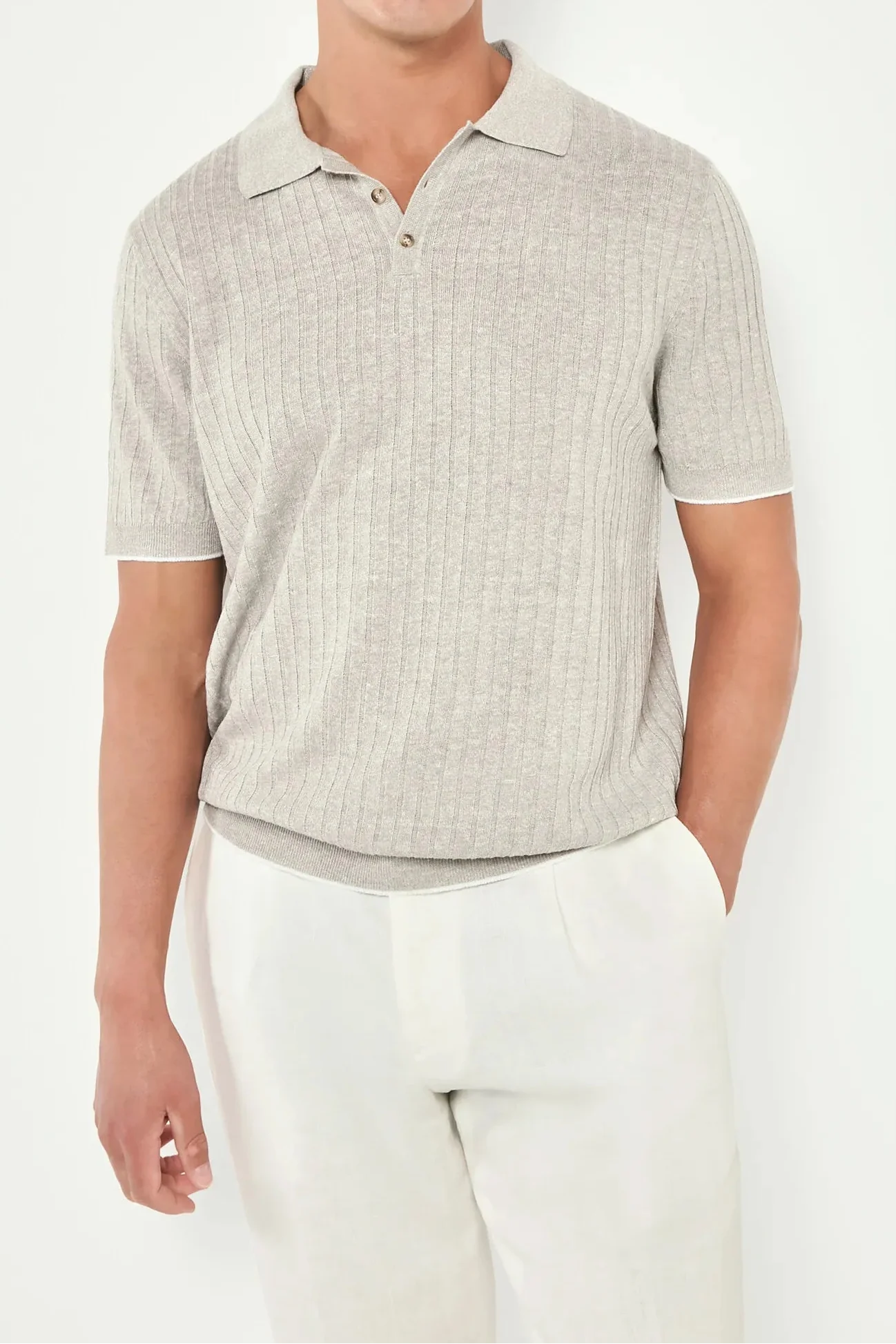 Ecru cotton and linen ribbed polo - Made in Italy