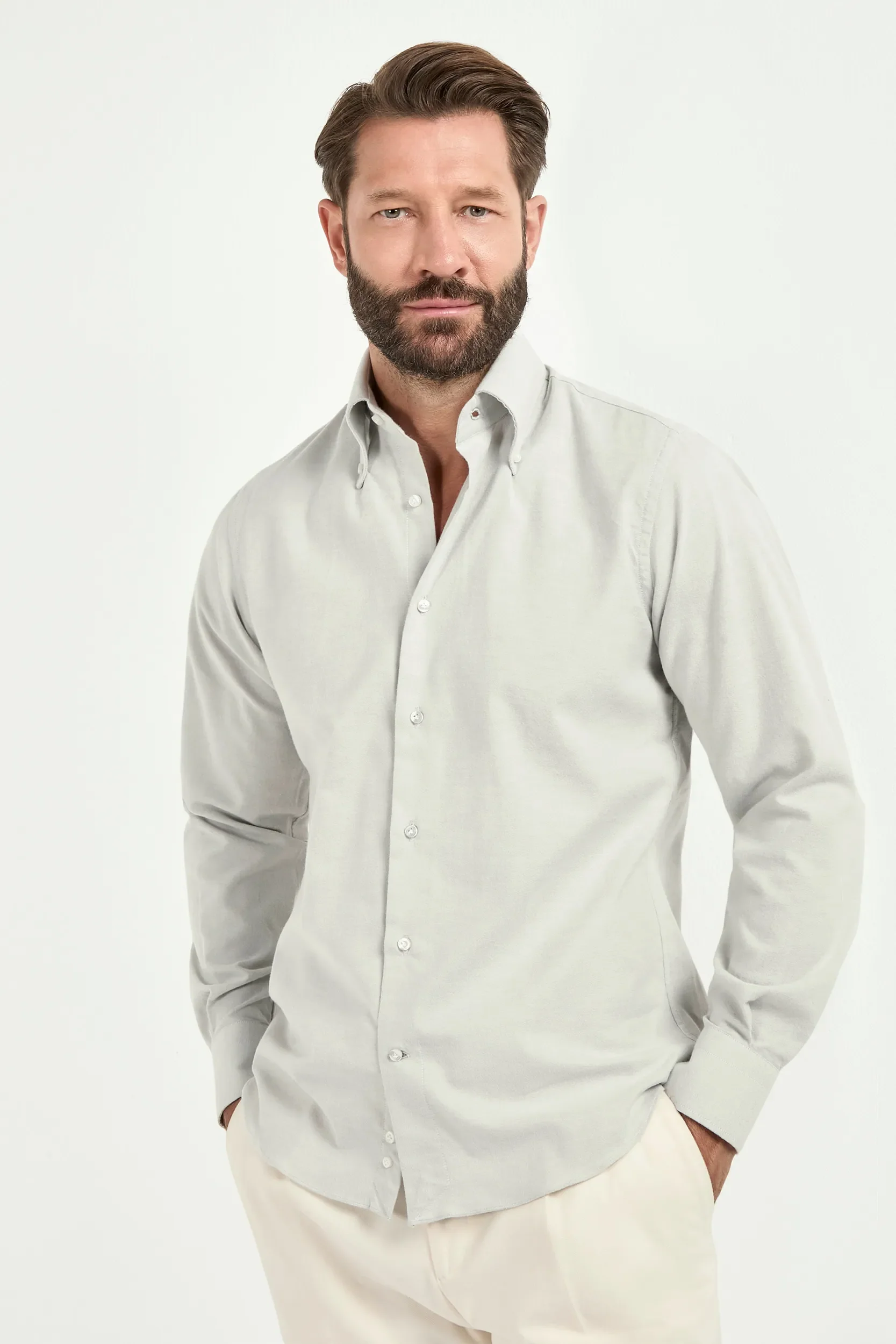 Grey brushed cotton button down shirt - Made In Italy