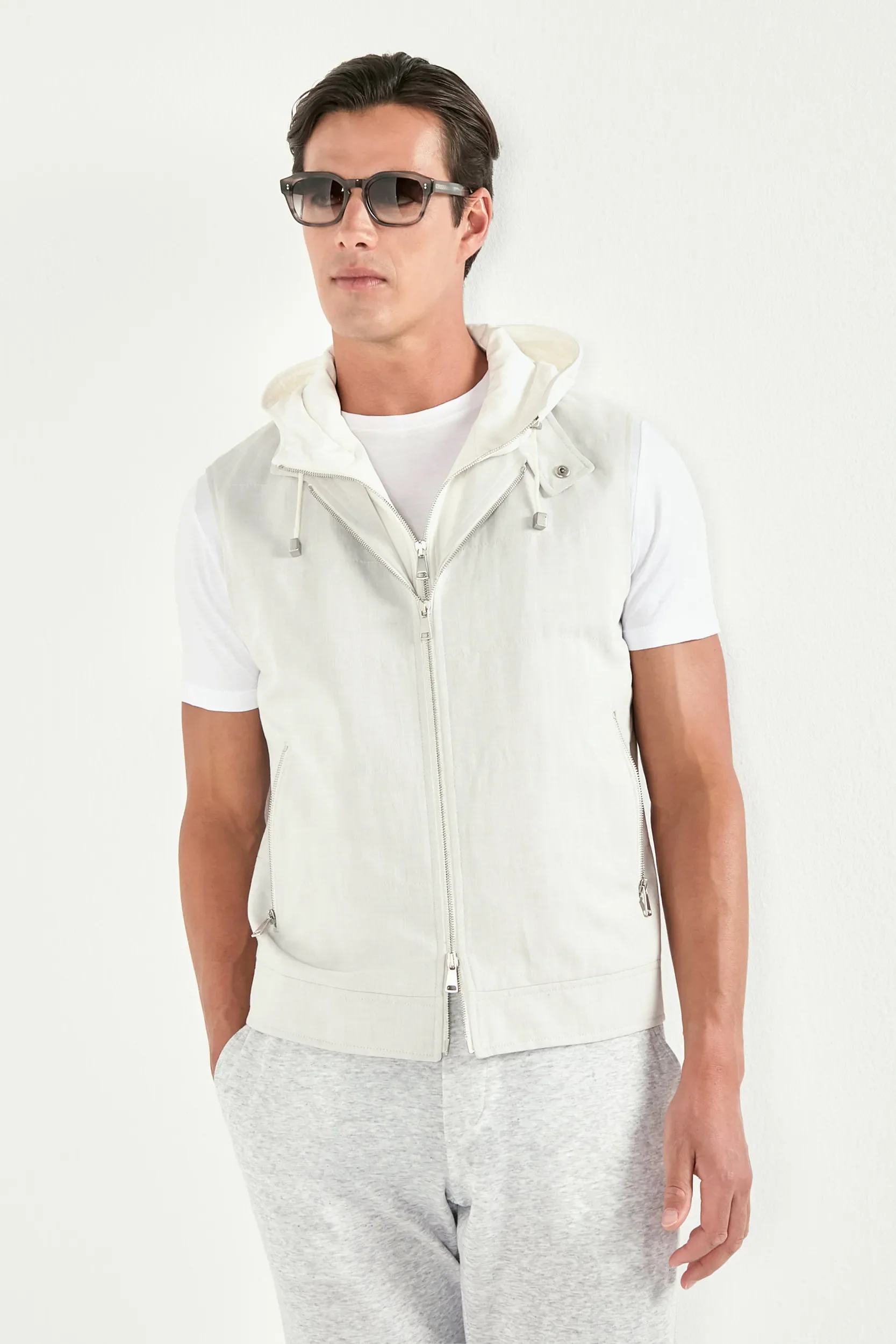 Ice grey linen and cotton hooded vest - Made in Italy