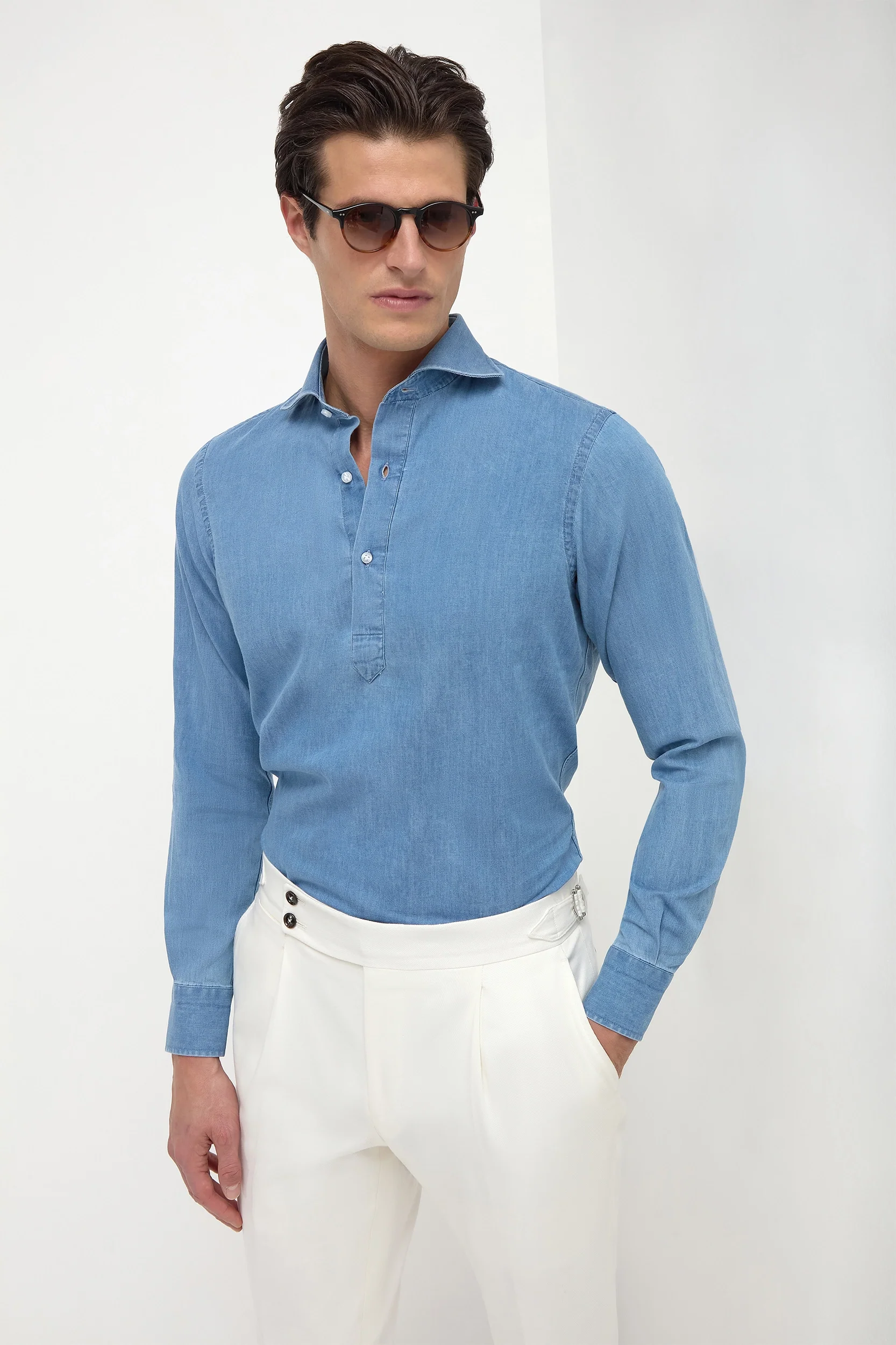 Light blue denim popover shirt - Made in Italy