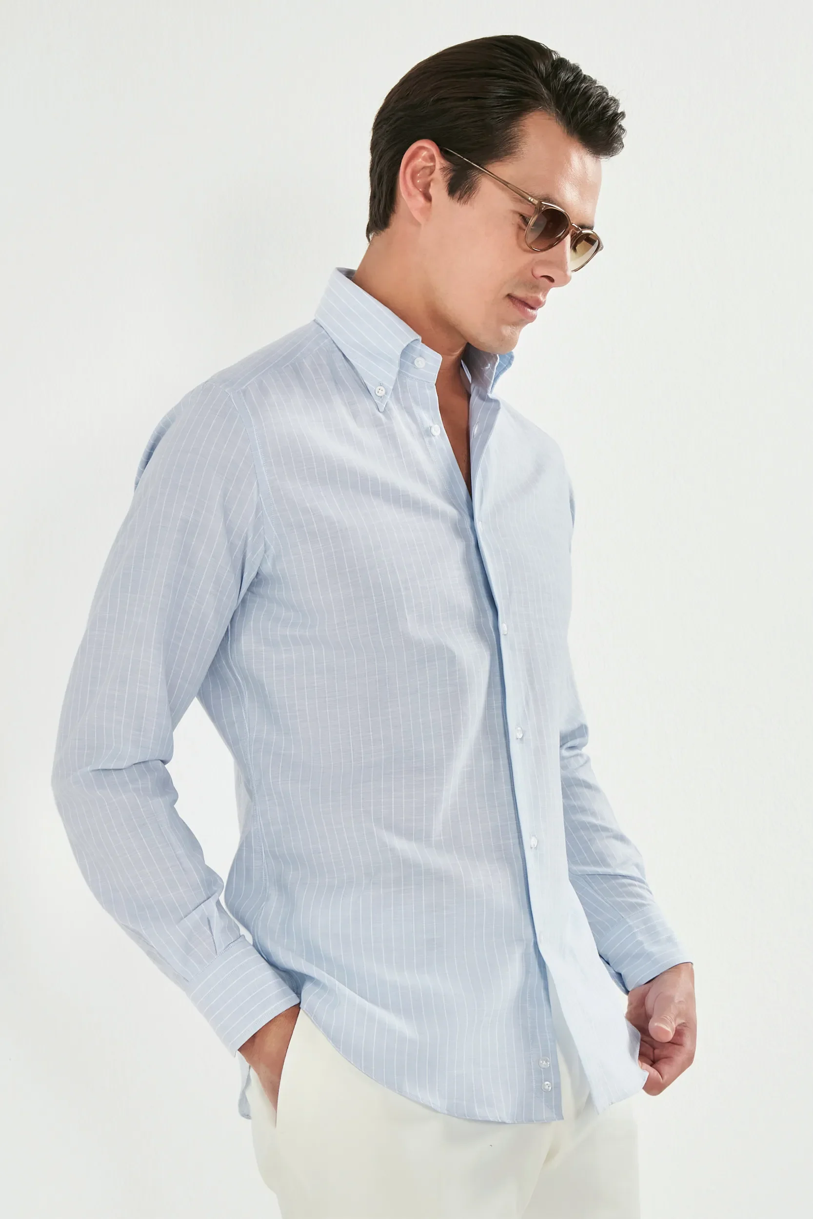 Light blue striped chambray button down shirt - Made in Italy