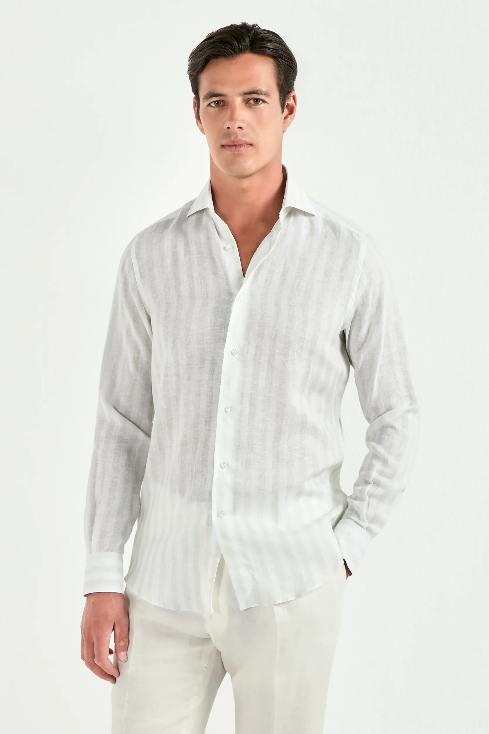 Light sage striped linen and tencel shirt - Made in Italy - Image 3