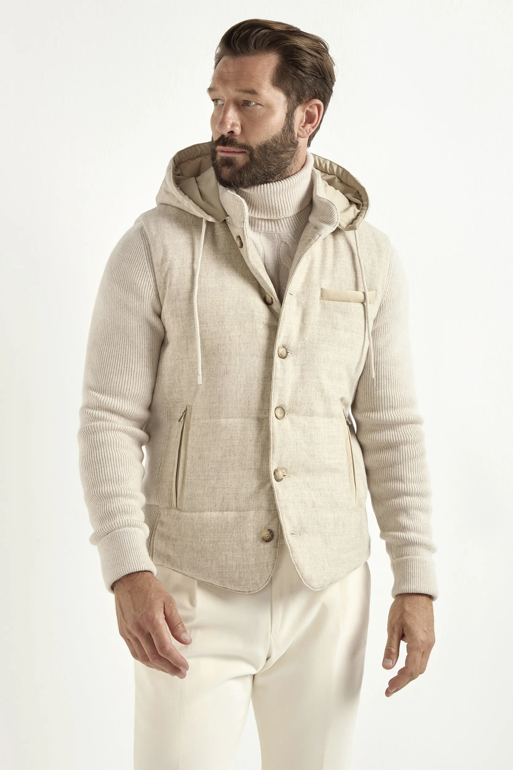 Sand flannel and knit hooded jacket - Made in Italy
