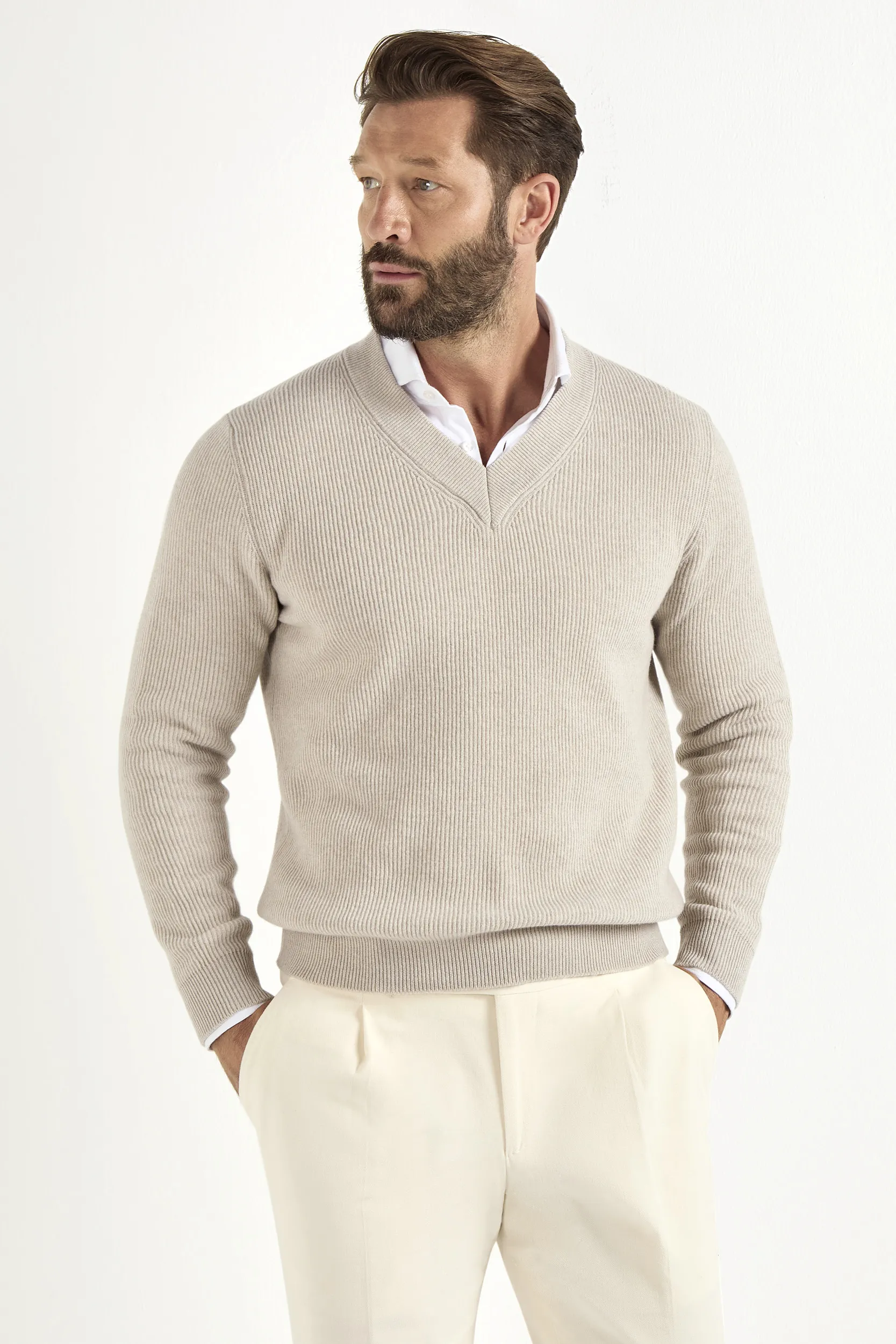 Sand ribbed v-neck sweater - Made in Italy