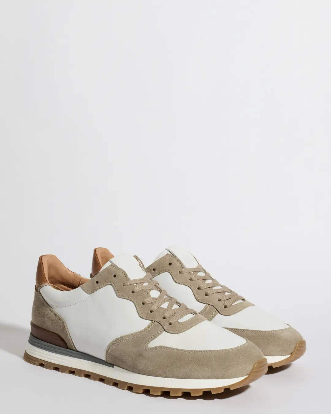 Taupe and white nabuk and suede runners - Made In Italy