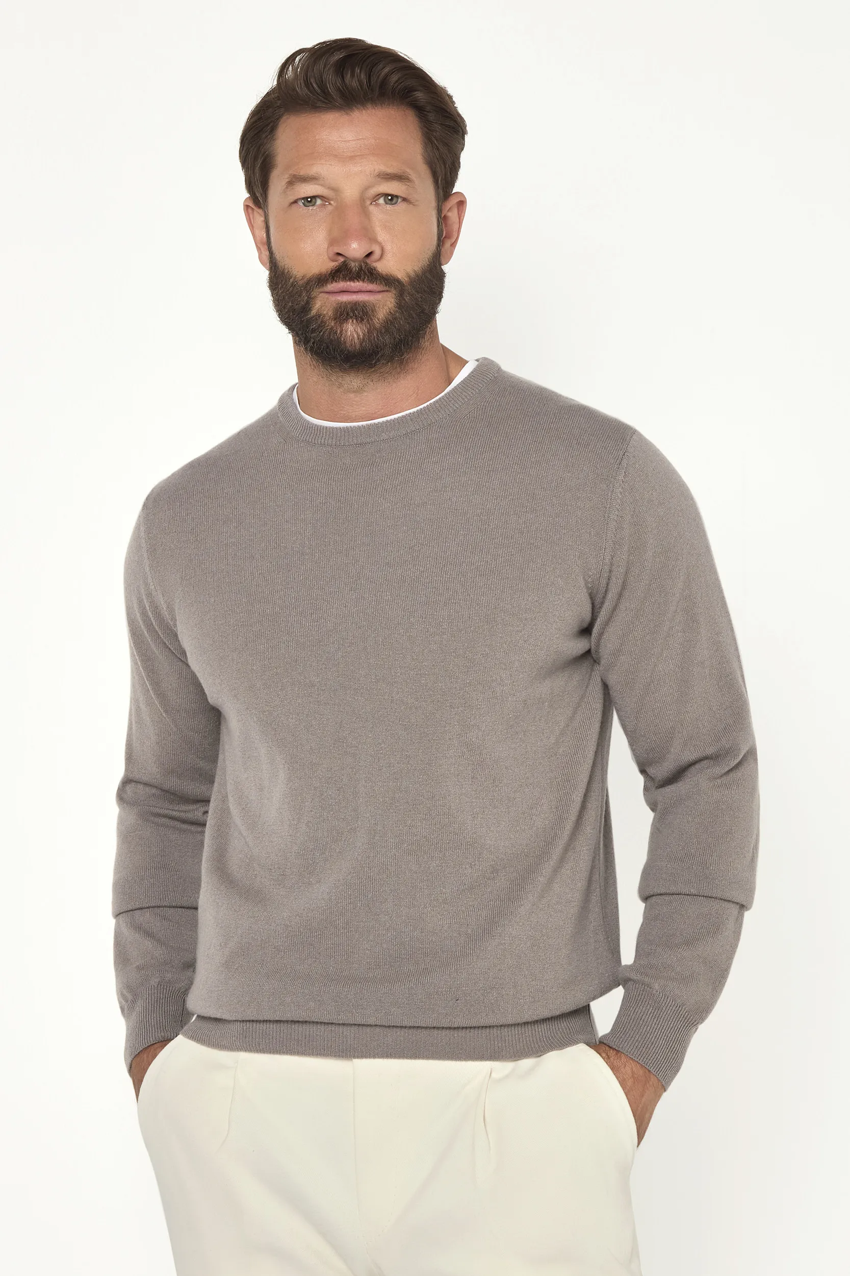 Taupe cashmere round neck – Made in italy