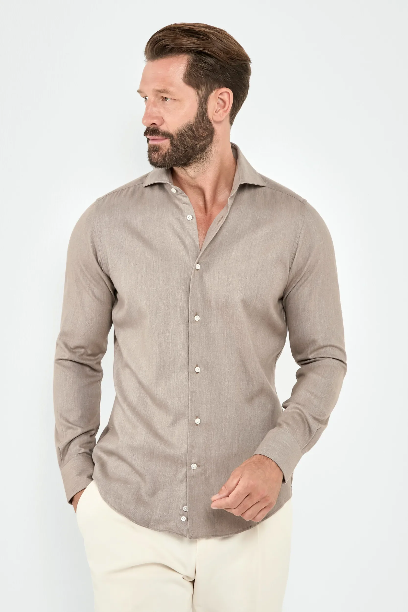 Taupe cotton and Tencel™ shirt - Made In Italy
