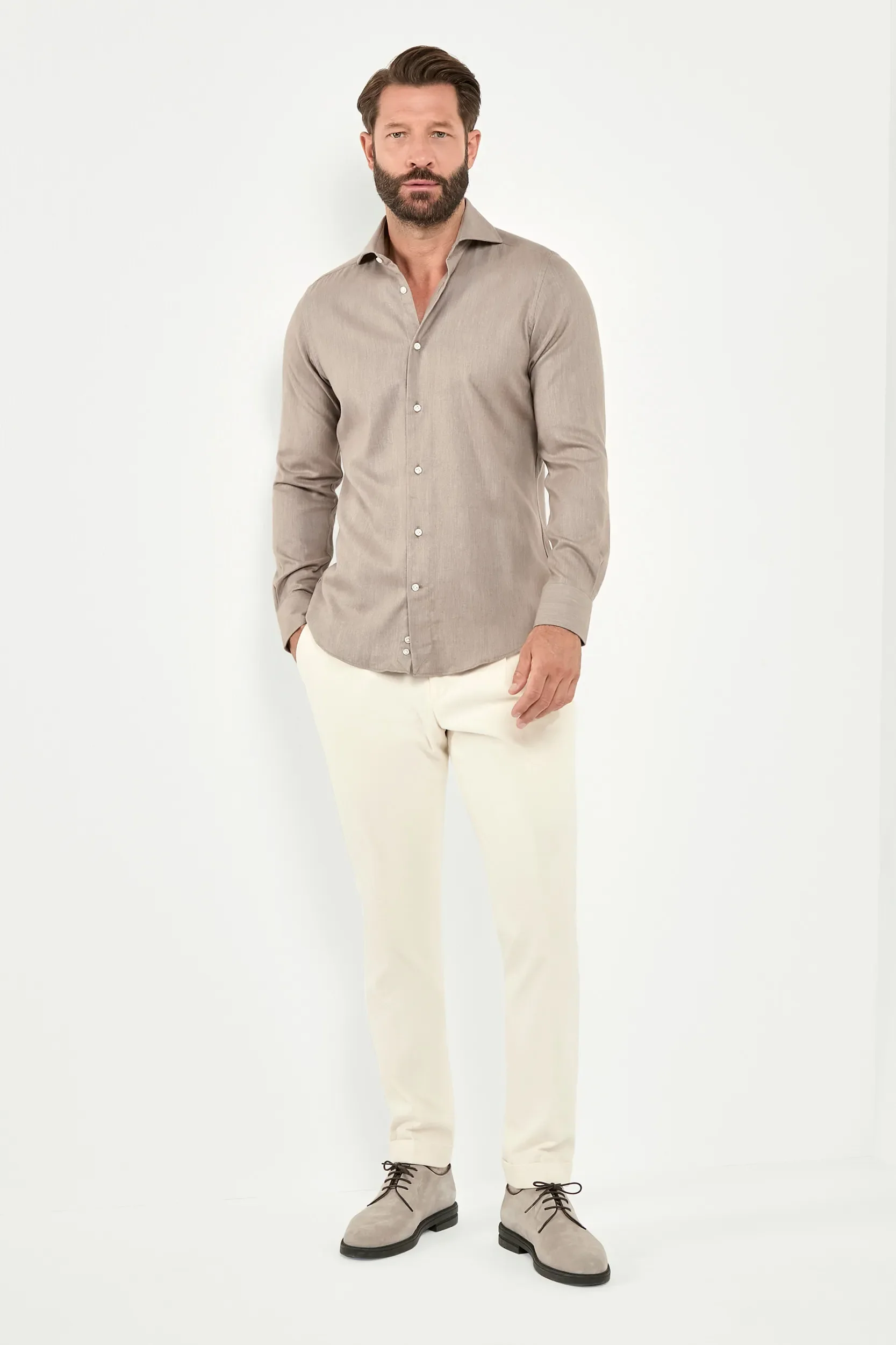 Taupe cotton and Tencel™ shirt - Made In Italy - Image 3