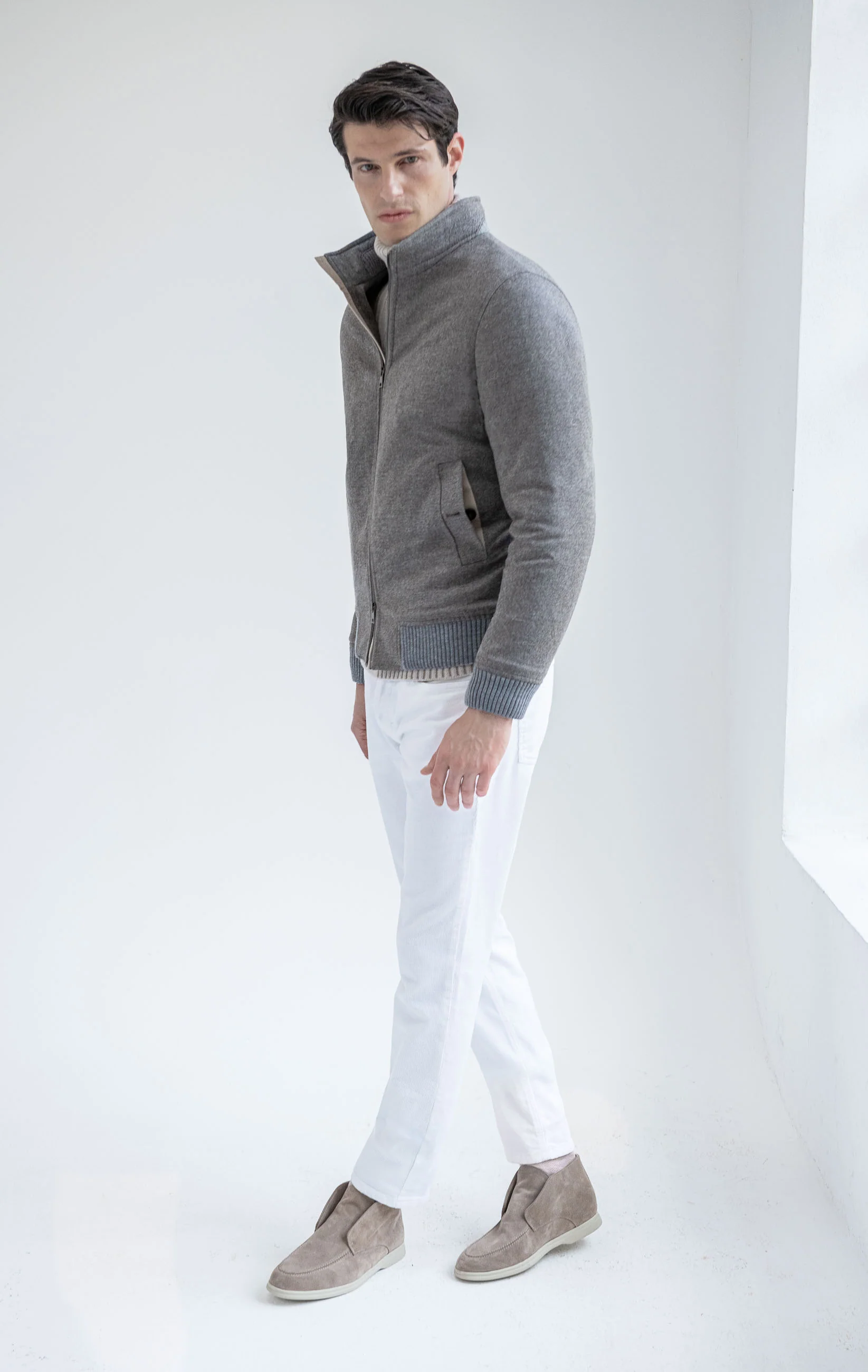 Taupe down bomber in wool & cashmere – Made in Italy - Image 3