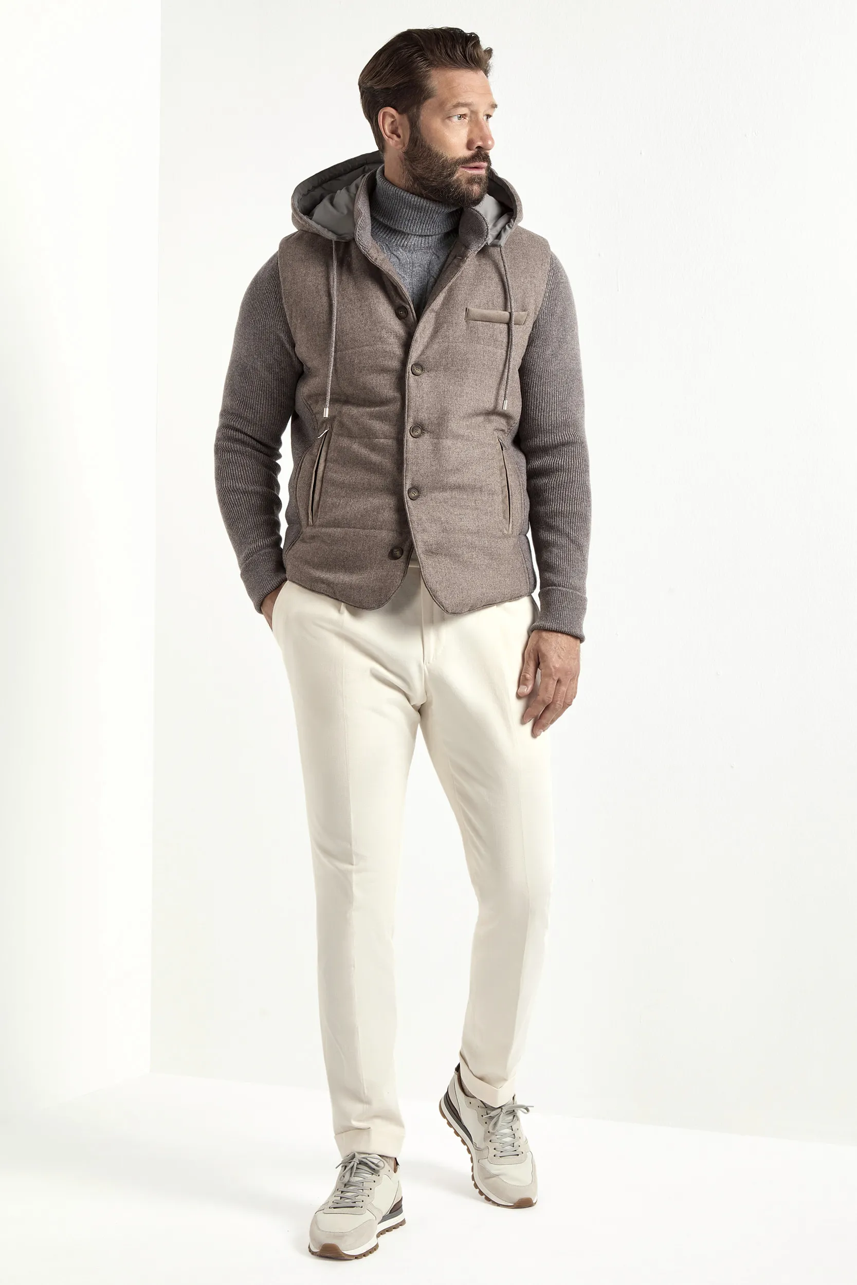 Taupe flannel and knit hooded jacket - Made in Italy - Image 3