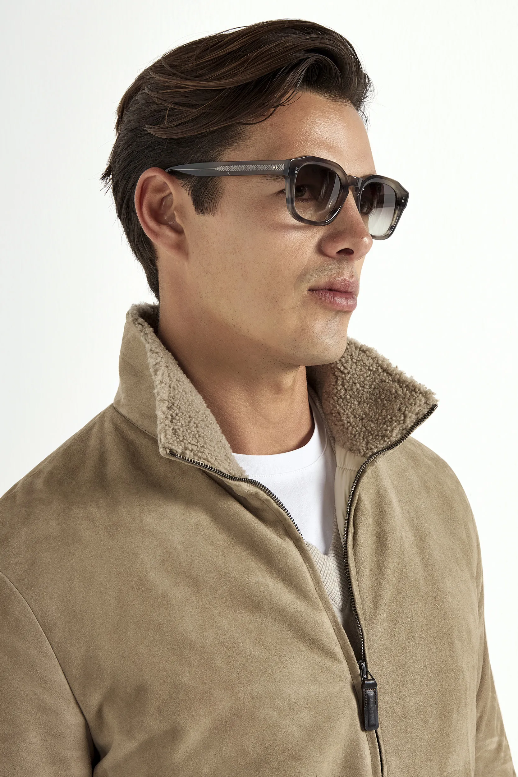 Taupe suede bomber with shearling collar - Made in Italy - Image 2