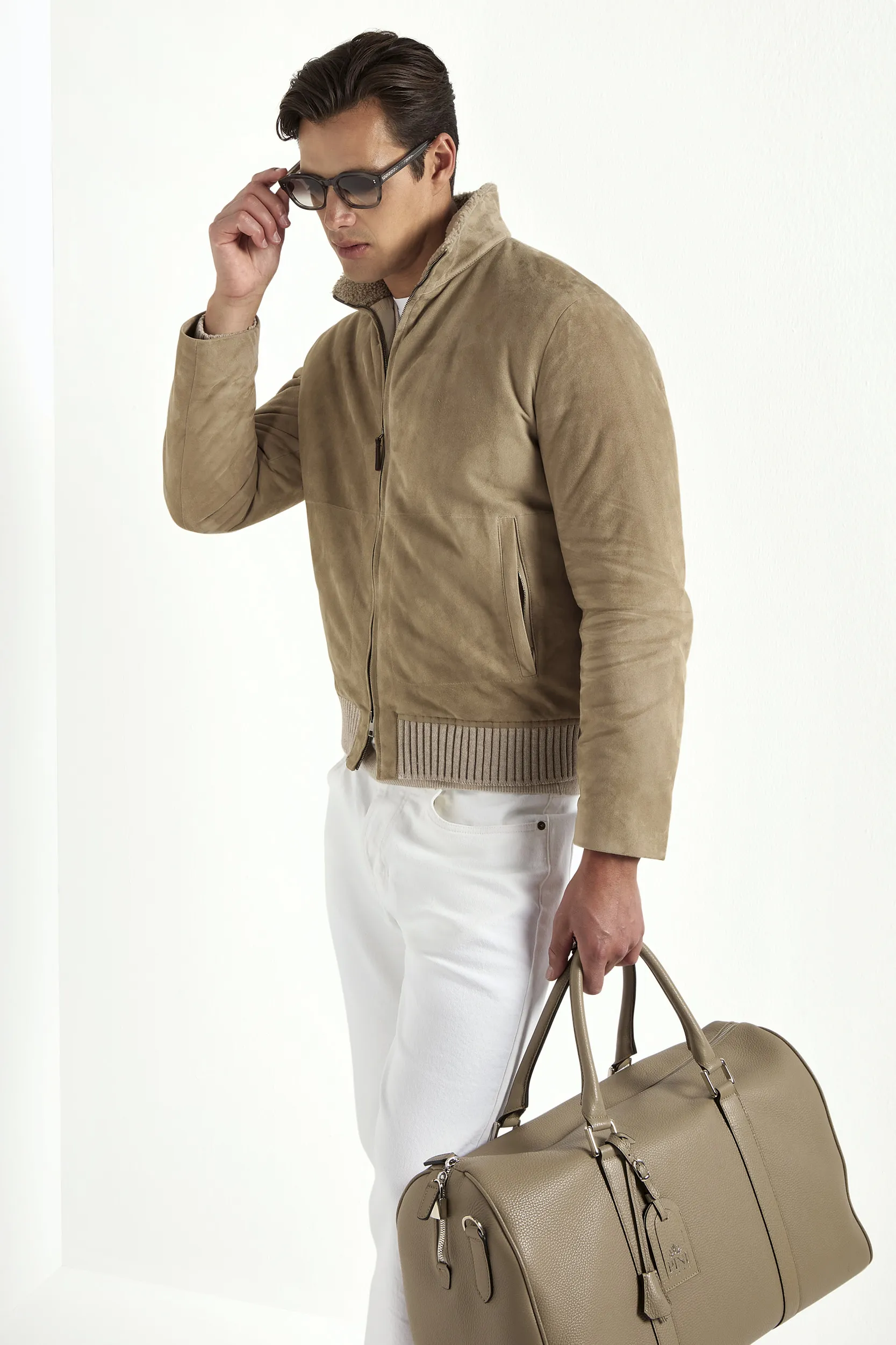 Taupe suede bomber with shearling collar - Made in Italy - Image 4