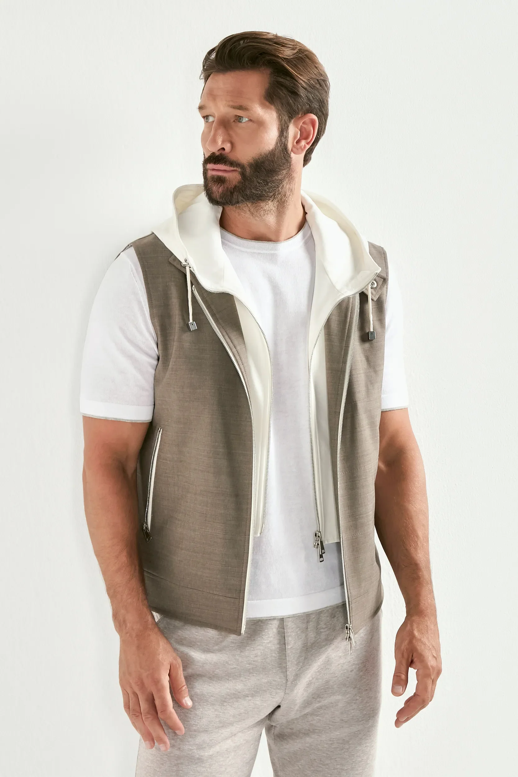 Tobacco hooded vest - Made in Italy