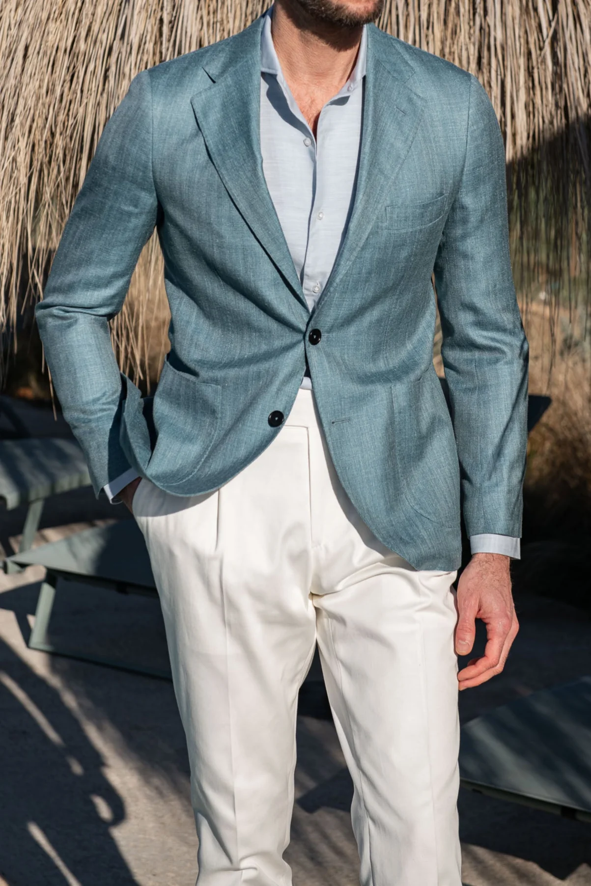Water green herringbone jacket in wool silk and linen - Made in Italy